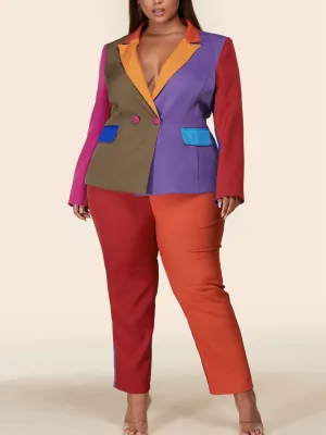 PLUS SIZE COLORBLOCK 2PC. V-NECK JACKET AND PANTS SET