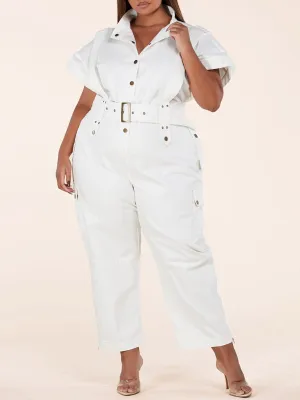 PLUS SIZE SHORT SLEEVE BUTTON UP BELTED DENIM JUMPSUIT
