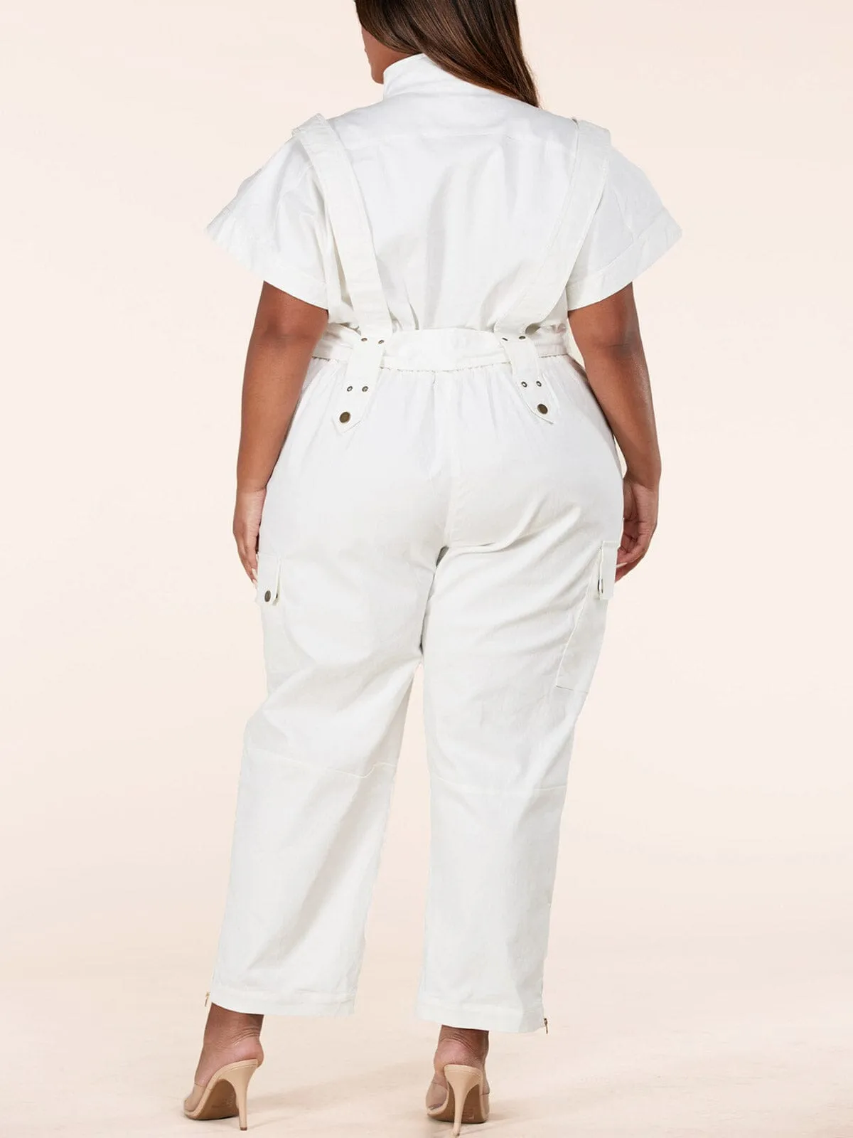 PLUS SIZE SHORT SLEEVE BUTTON UP BELTED DENIM JUMPSUIT