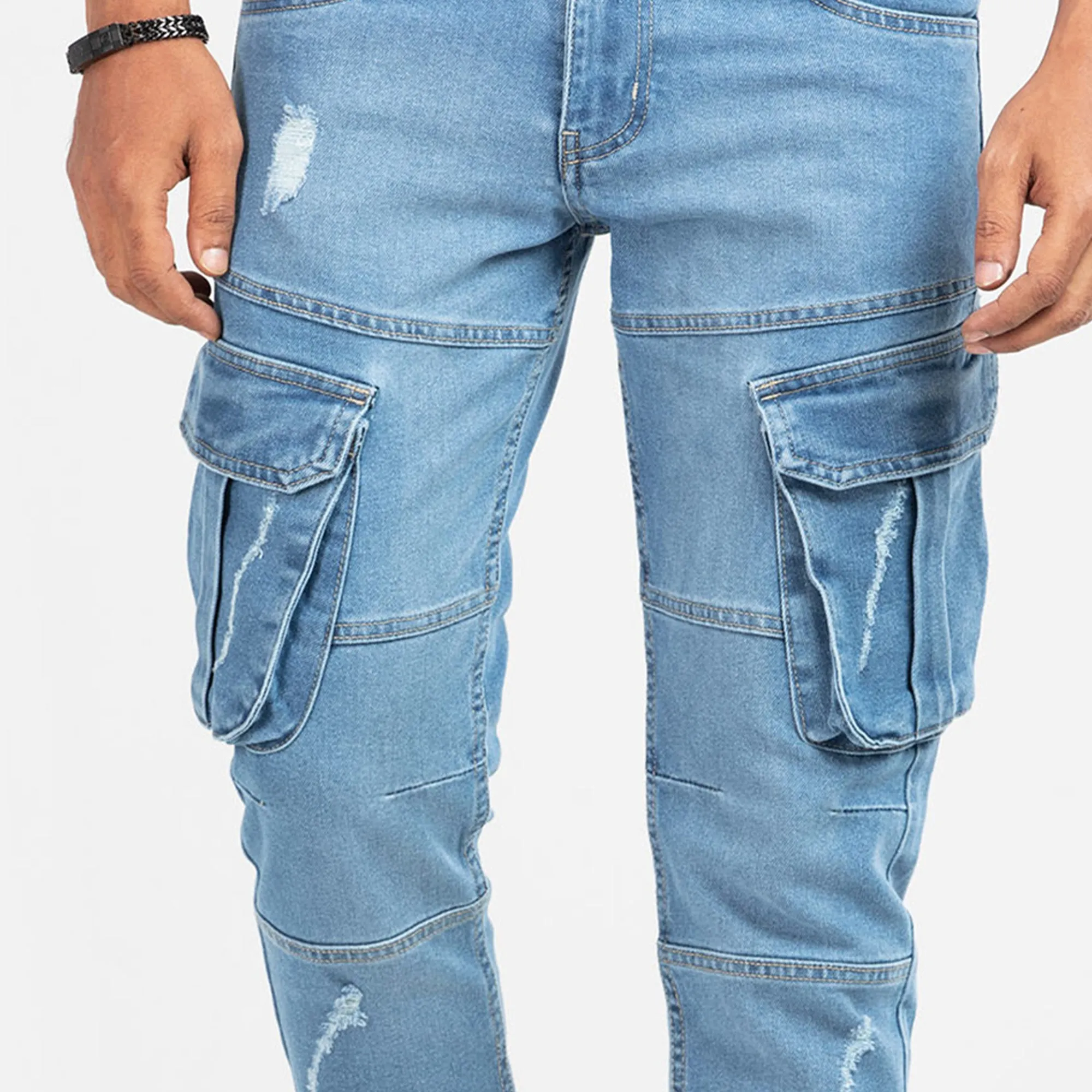 Premium Denim Cargo Pants - Light Blue