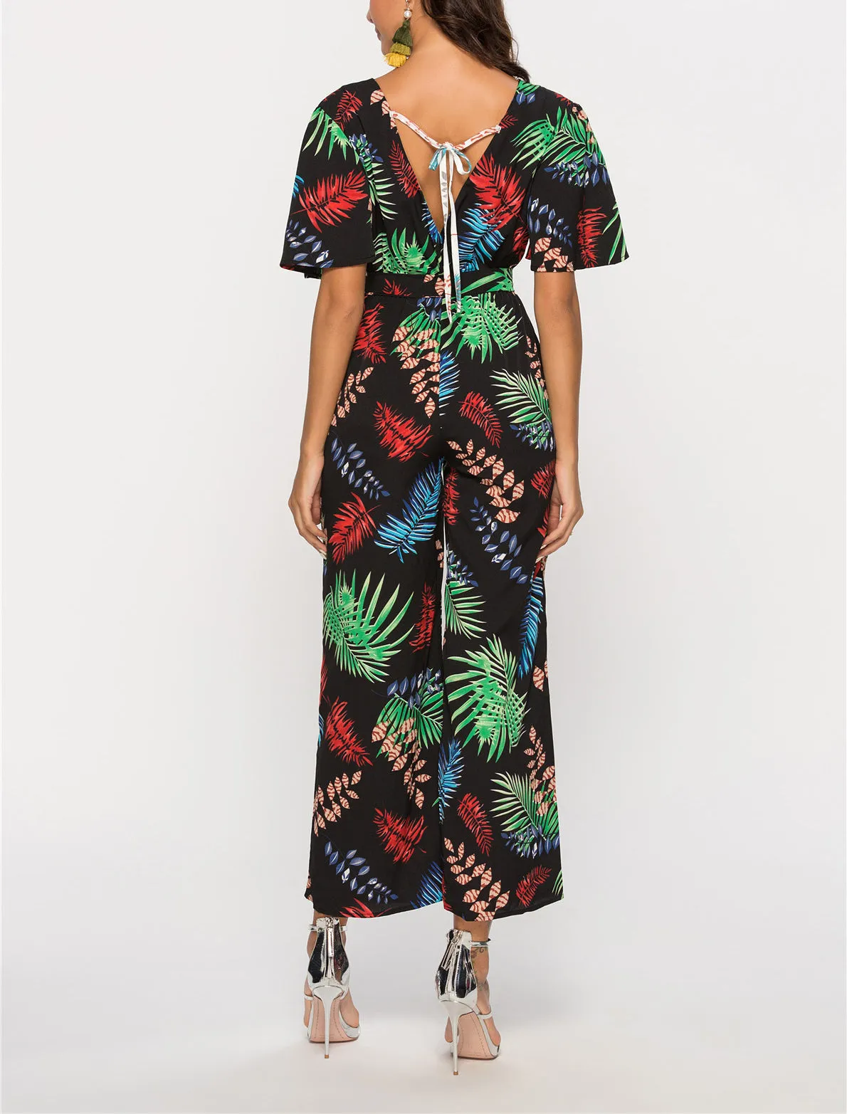 Printed Stitching V-neck Short-sleeved Halter Waisted Jumpsuit