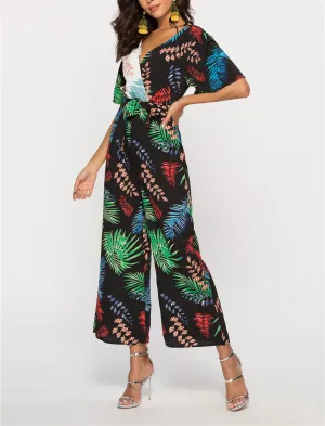 Printed Stitching V-neck Short-sleeved Halter Waisted Jumpsuit