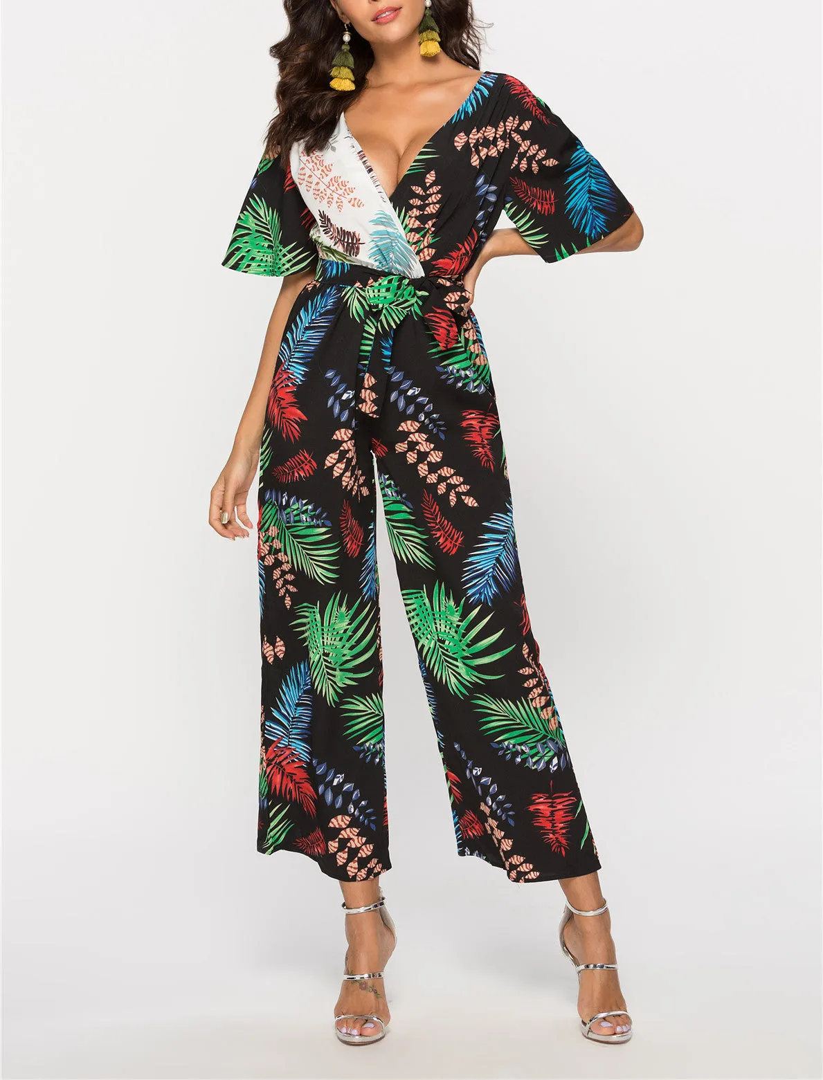 Printed Stitching V-neck Short-sleeved Halter Waisted Jumpsuit