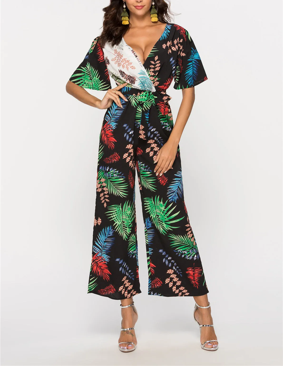 Printed Stitching V-neck Short-sleeved Halter Waisted Jumpsuit