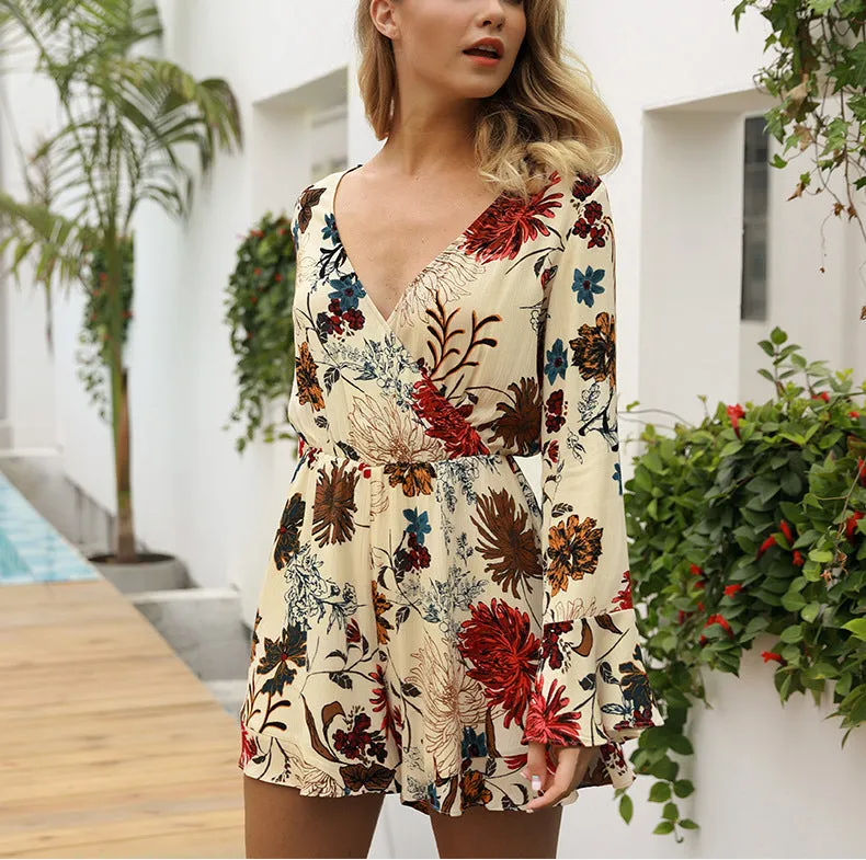 Printed V-neck Long-sleeved Sexy Jumpsuit Short Slacks