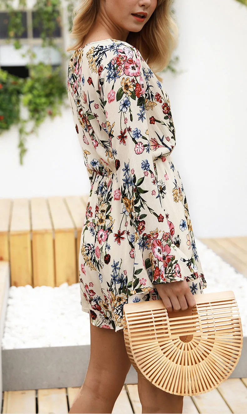 Printed V-neck Long-sleeved Sexy Jumpsuit Short Slacks