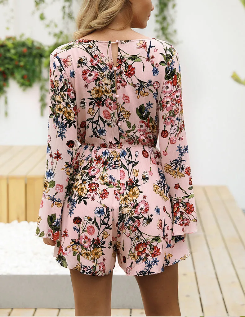 Printed V-neck Long-sleeved Sexy Jumpsuit Short Slacks