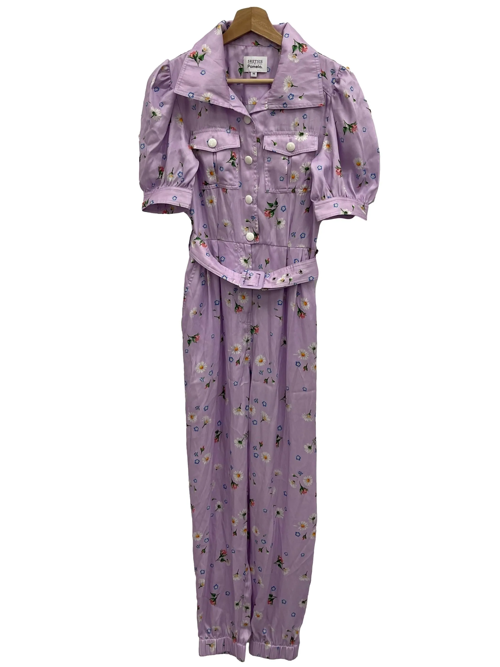 Purple Button Down Belted Floral Jumpsuit