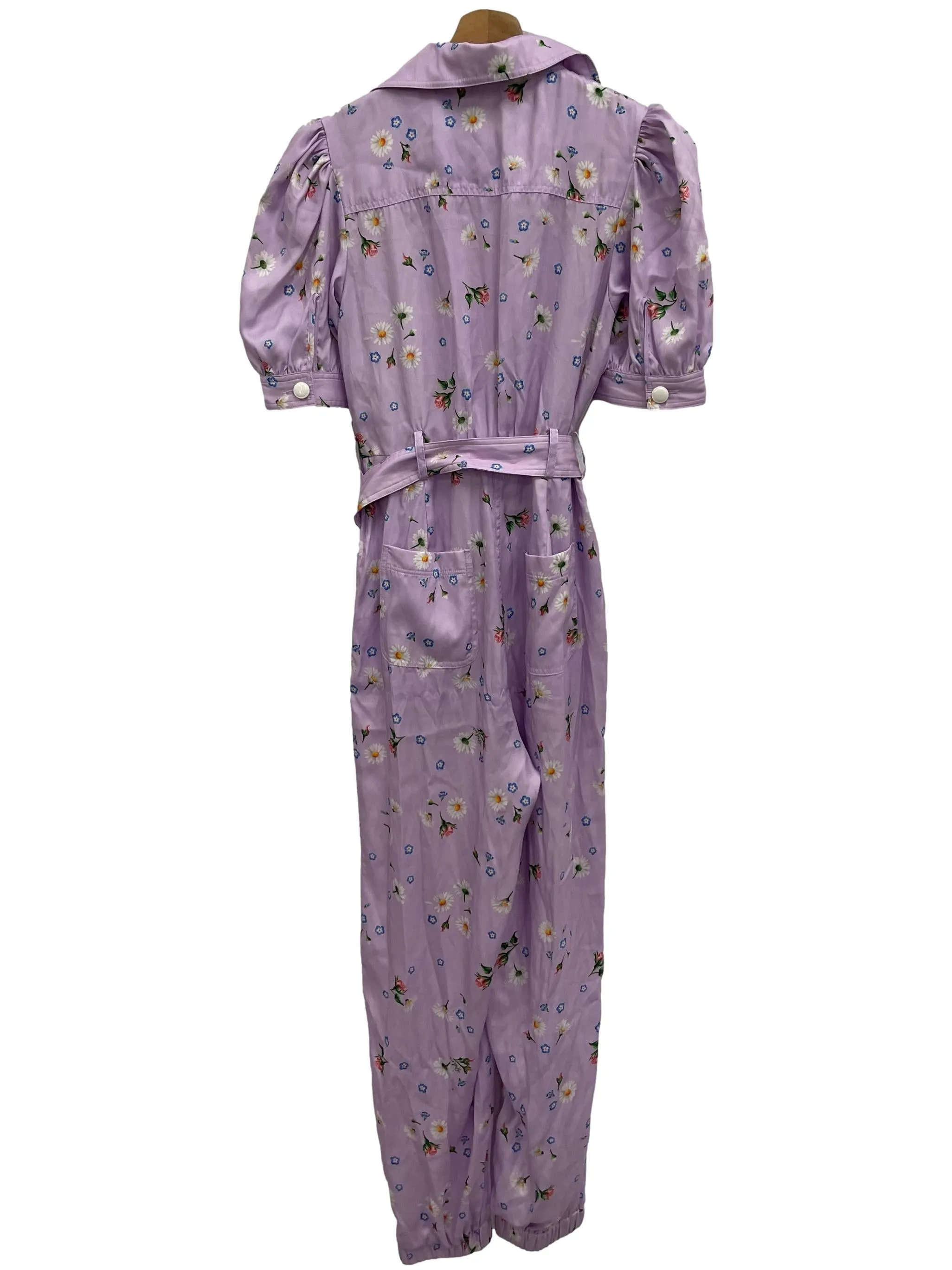 Purple Button Down Belted Floral Jumpsuit