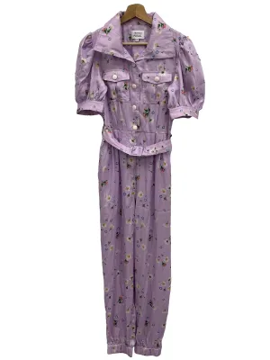 Purple Button Down Belted Floral Jumpsuit