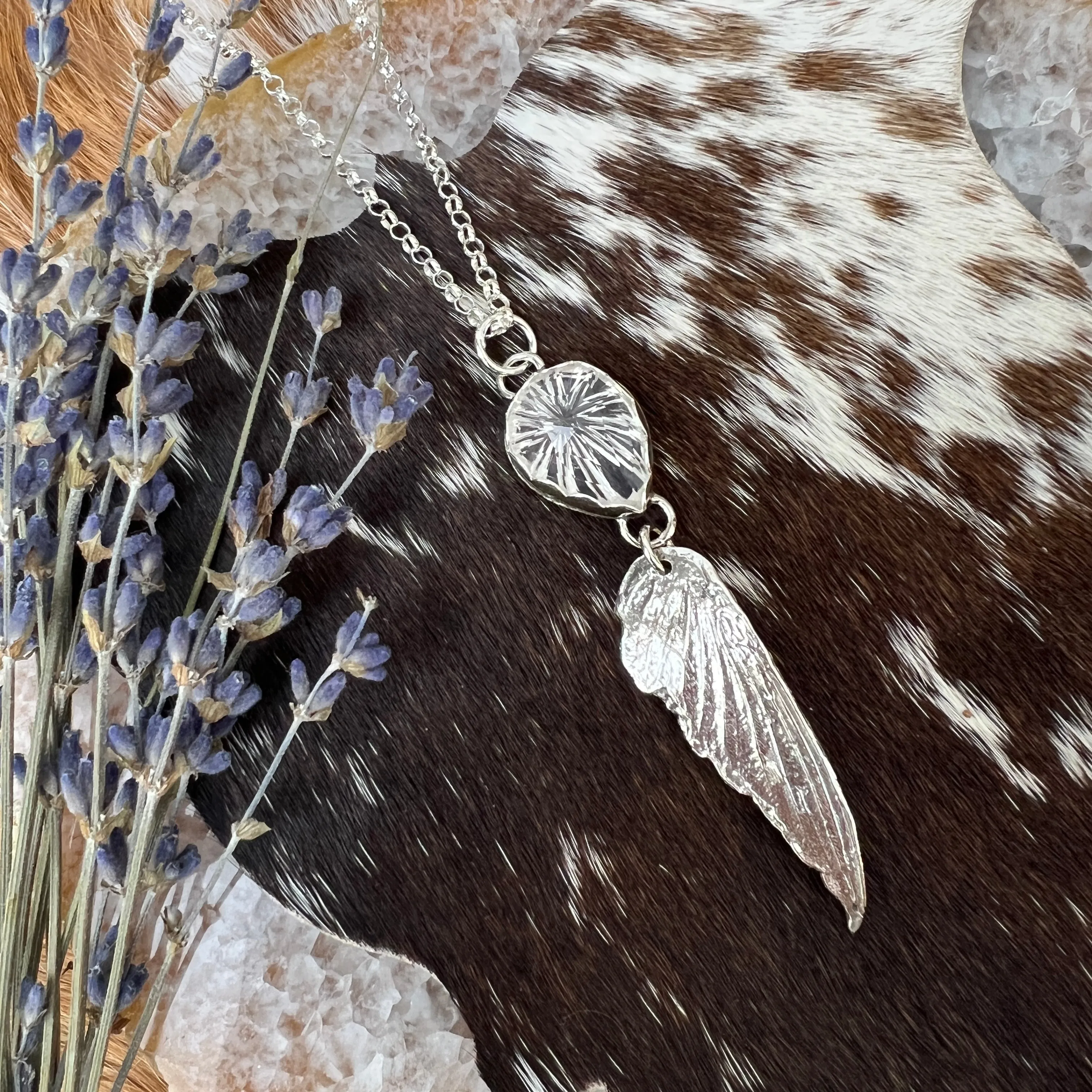 Quartz Crystal and Hummingbird wing sterling silver necklace