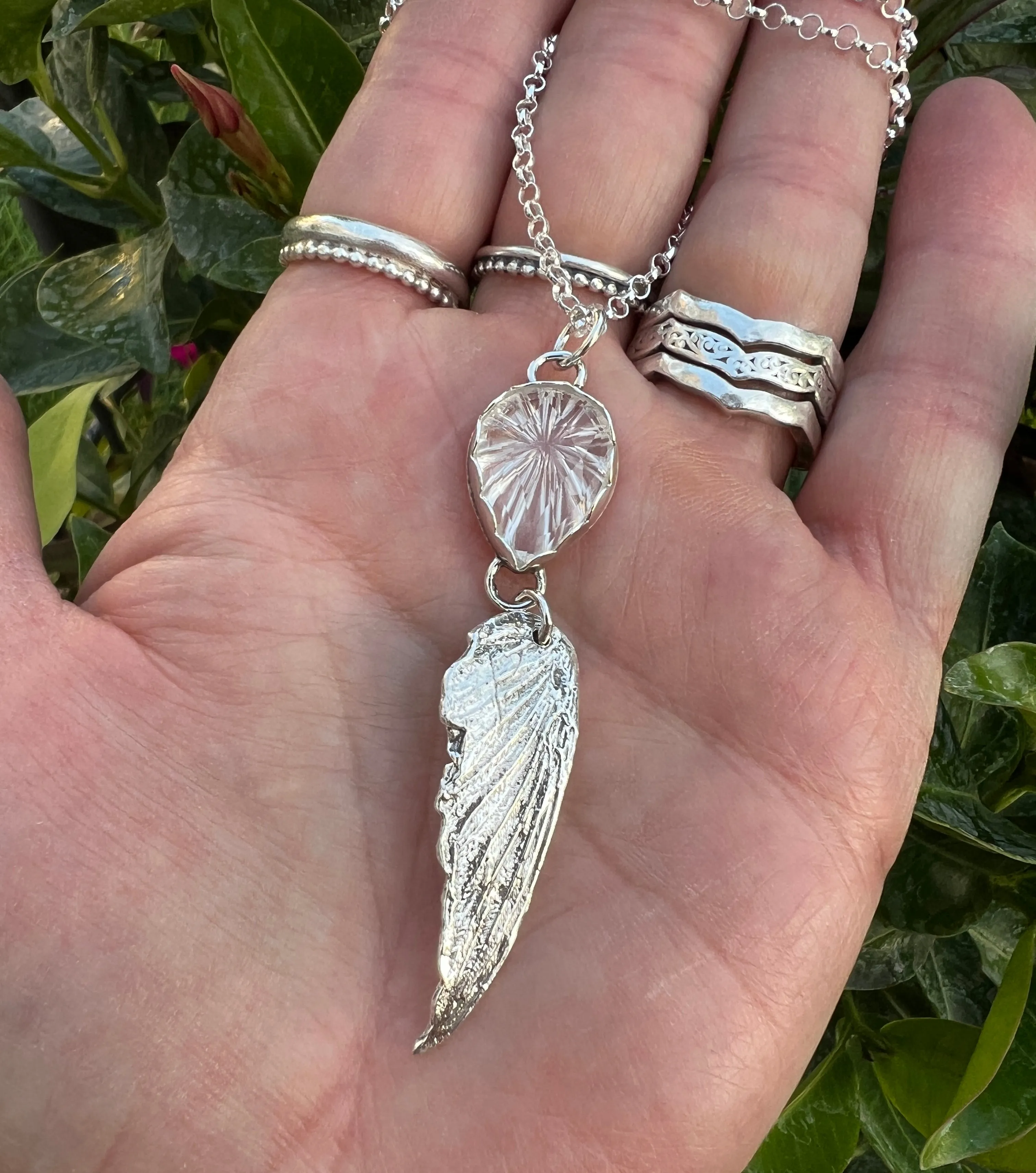 Quartz Crystal and Hummingbird wing sterling silver necklace