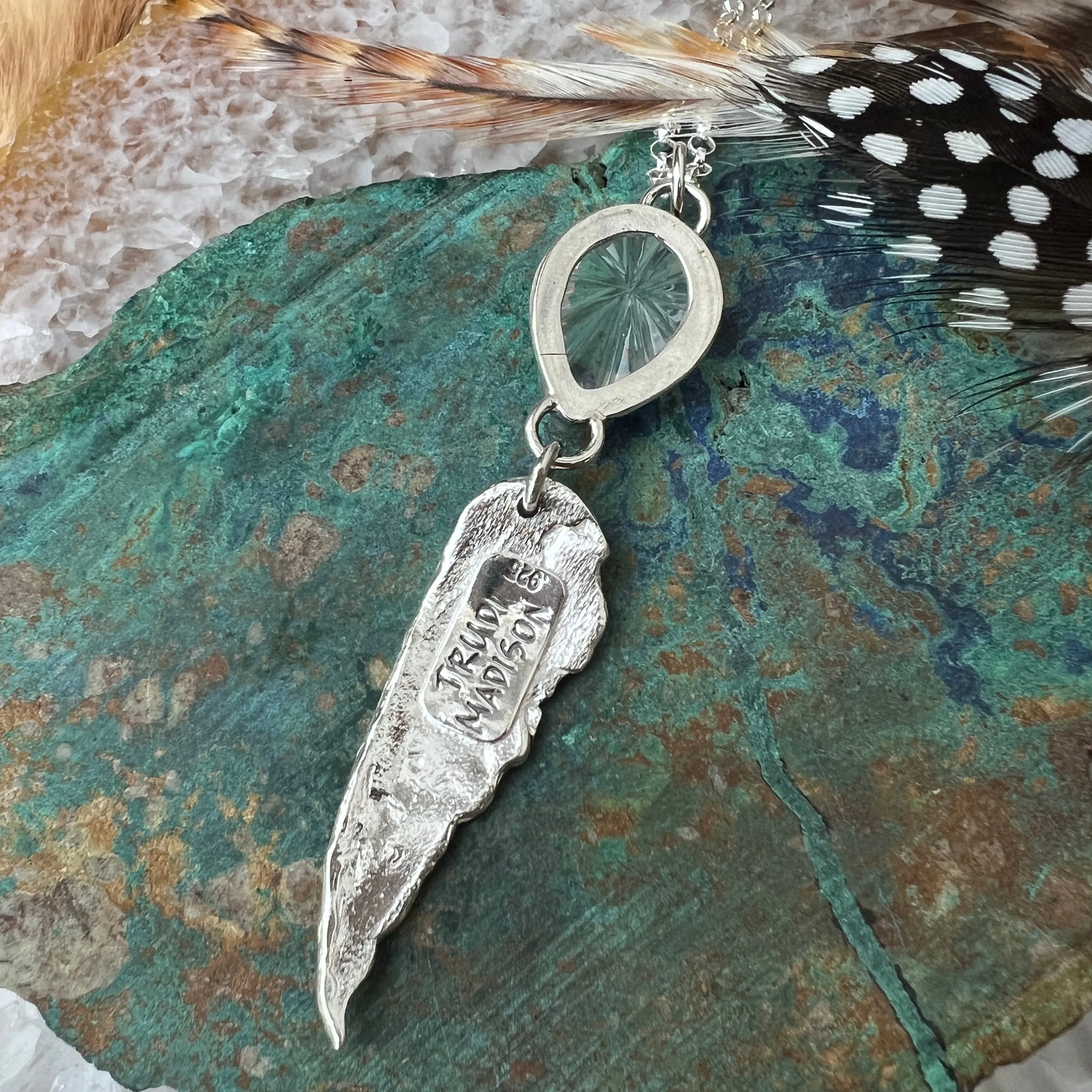 Quartz Crystal and Hummingbird wing sterling silver necklace