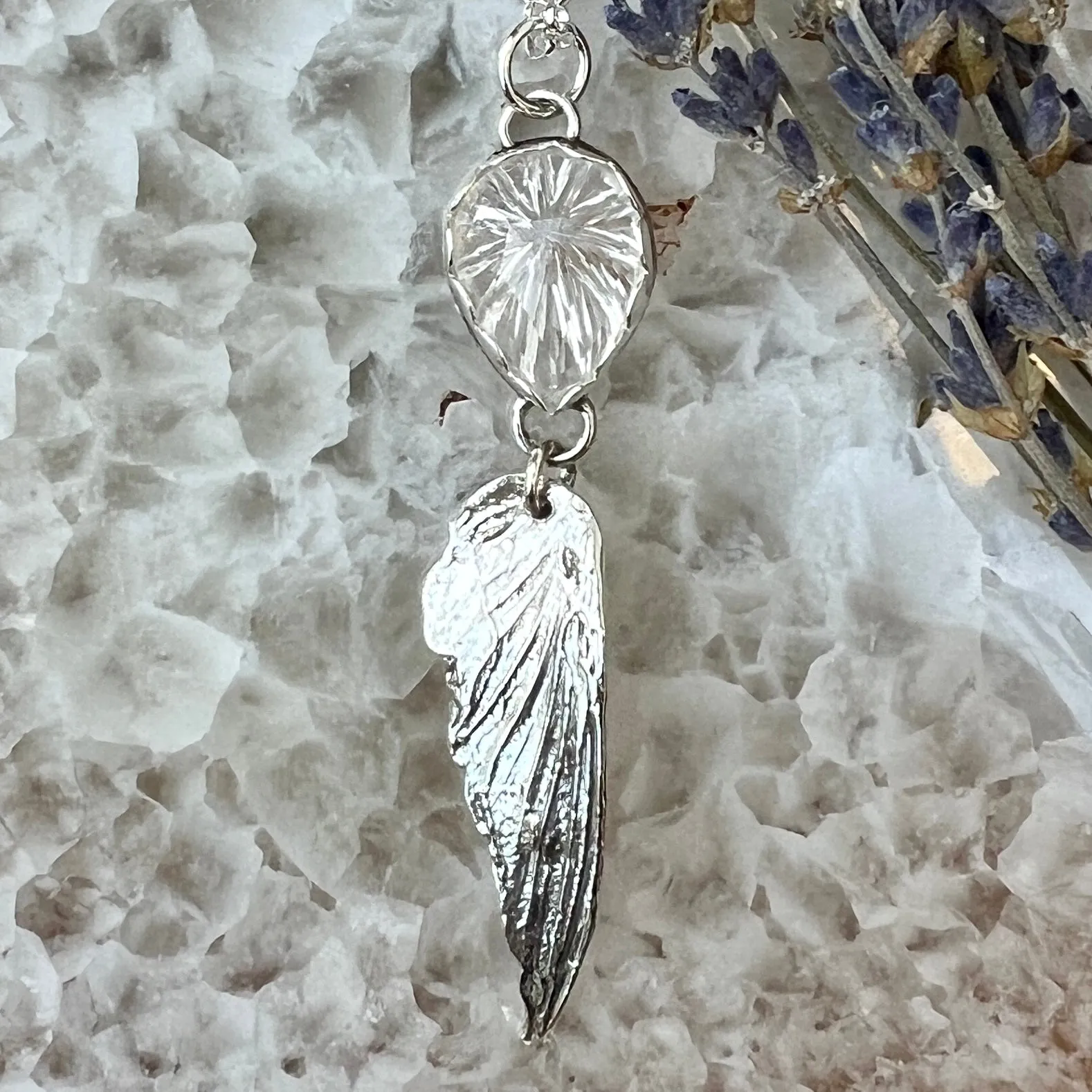 Quartz Crystal and Hummingbird wing sterling silver necklace