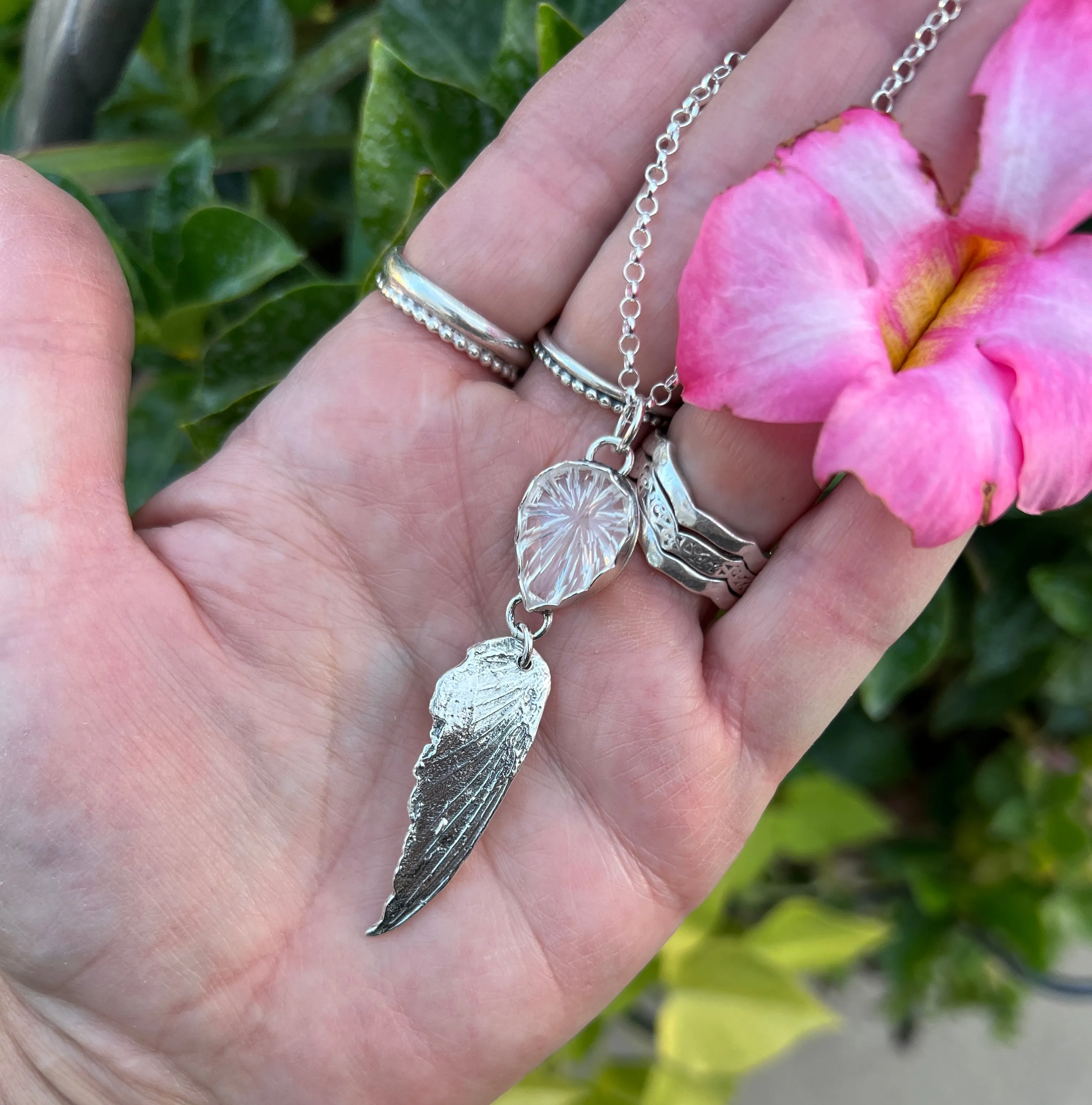 Quartz Crystal and Hummingbird wing sterling silver necklace