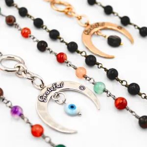"Grateful" Crescent Moon Long Rosary Chain Necklace-Multicolor Agate