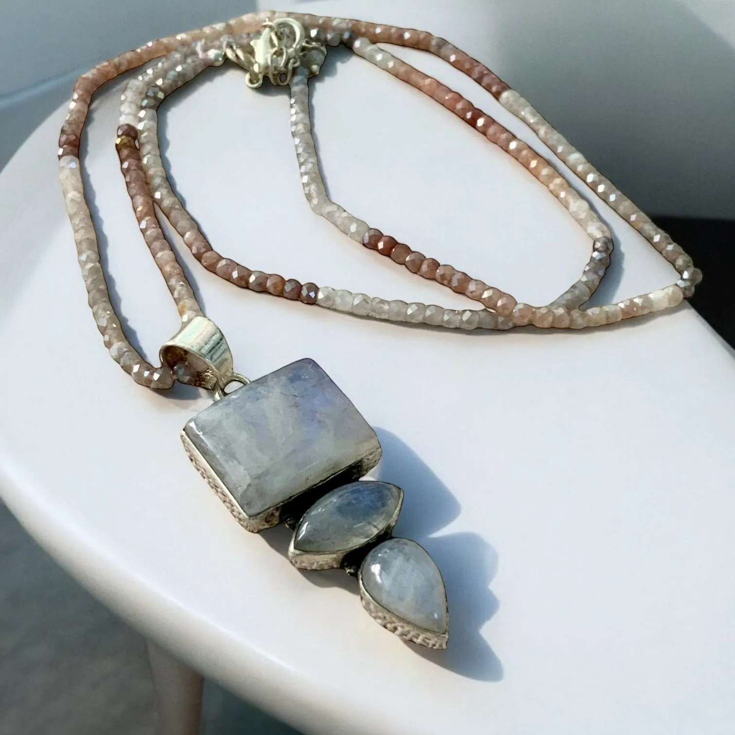 Rainbow Moonstone Solid 925 Sterling Silver Pendant Necklace