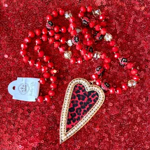 Red Beaded Leopard Heart Necklace