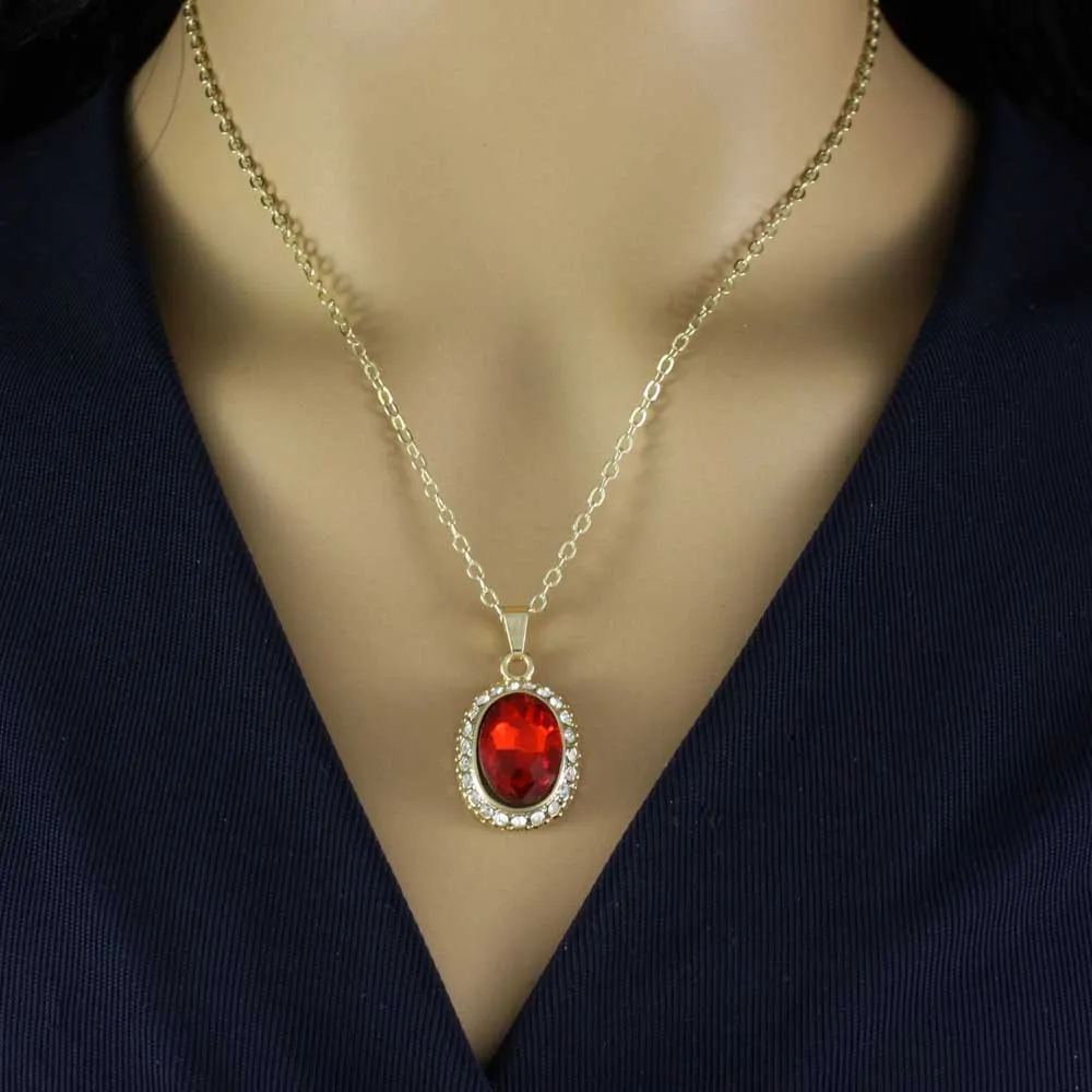 Red Oval Crystal Pendant on Gold-plated Chain - PT411S