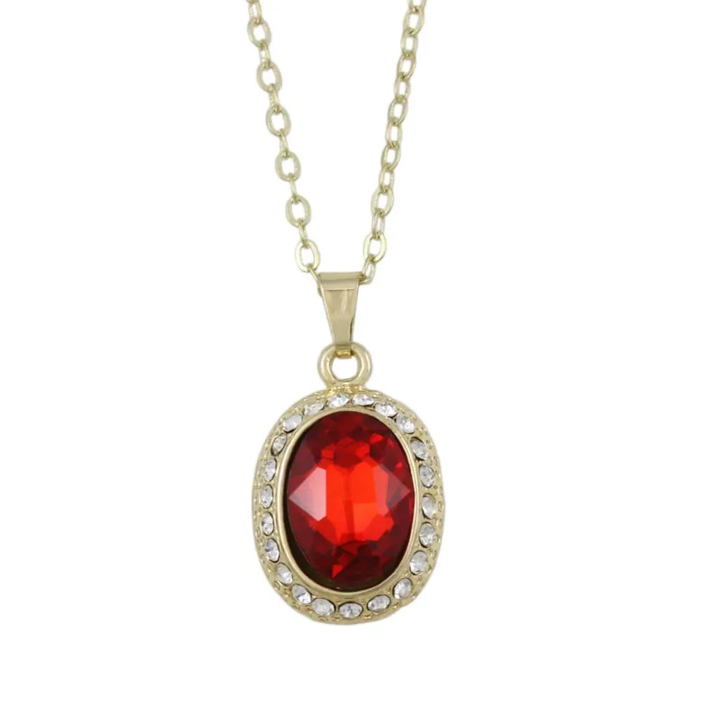 Red Oval Crystal Pendant on Gold-plated Chain - PT411S