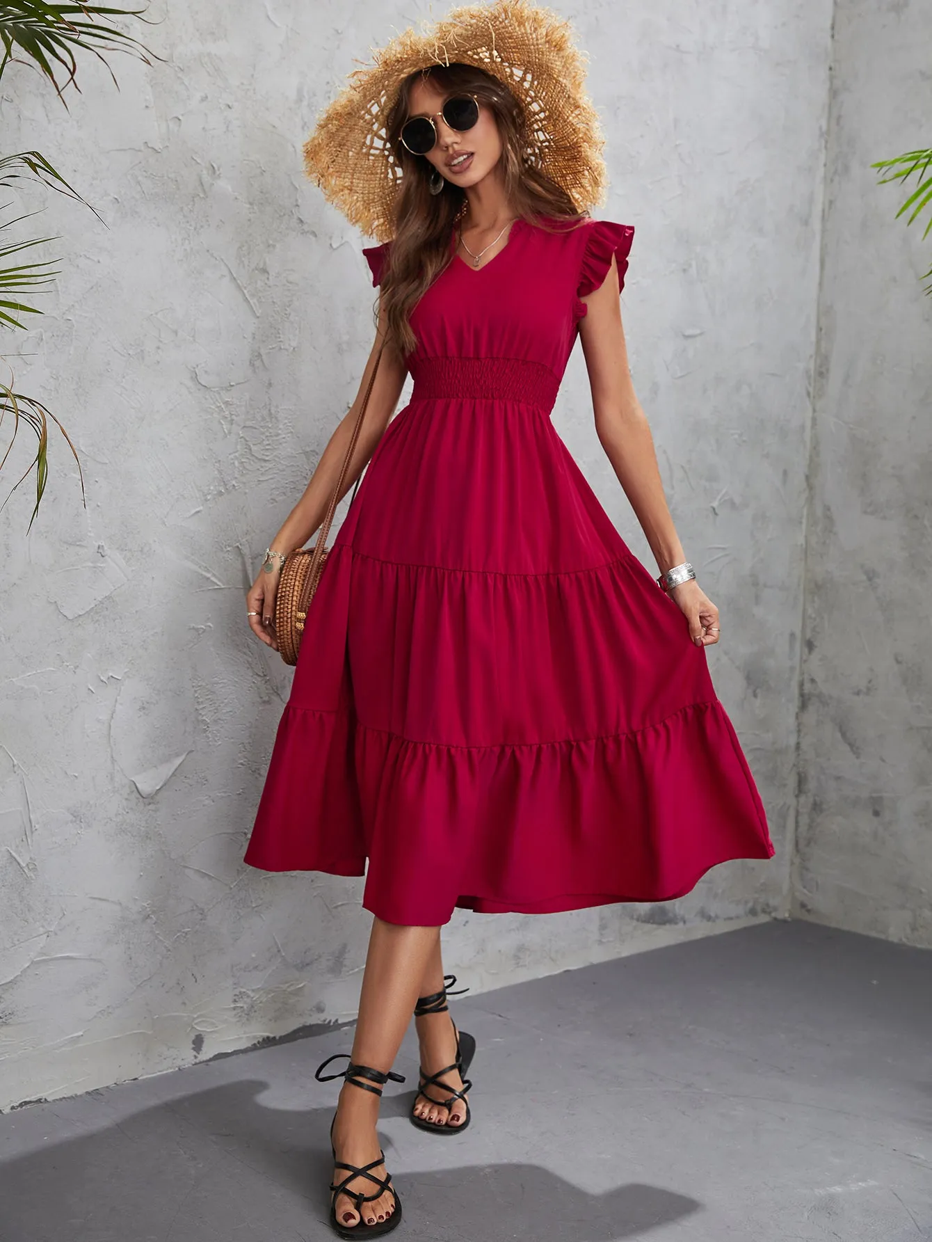 Red Waist Smocking Tiered Dress