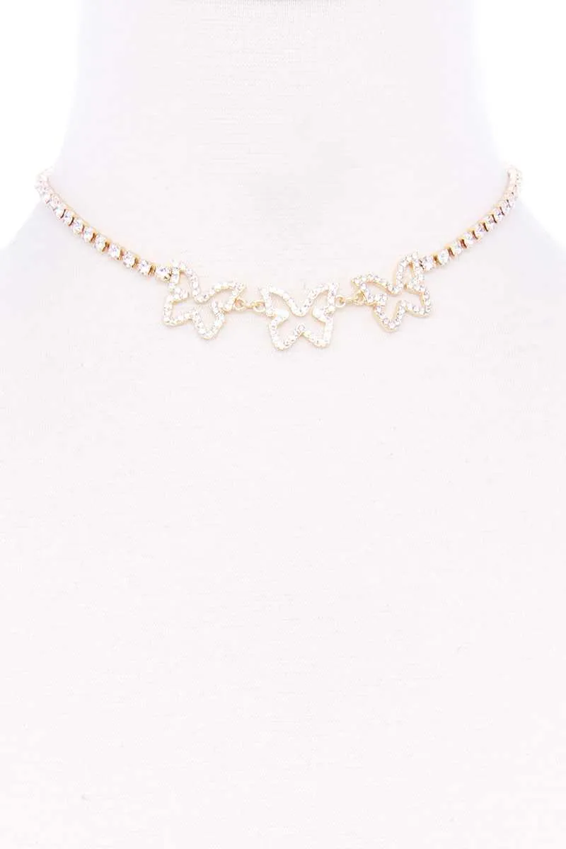 Rhinestone Triple Butterfly Short Necklace