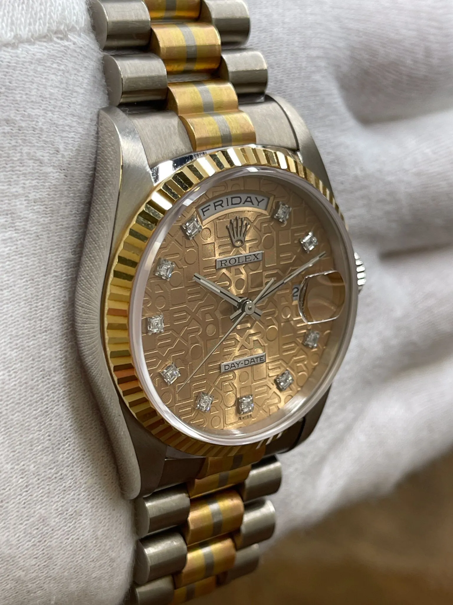 Rolex Tridor President Day Date 36mm 18239B Champ Diamond Dial Automatic Watch