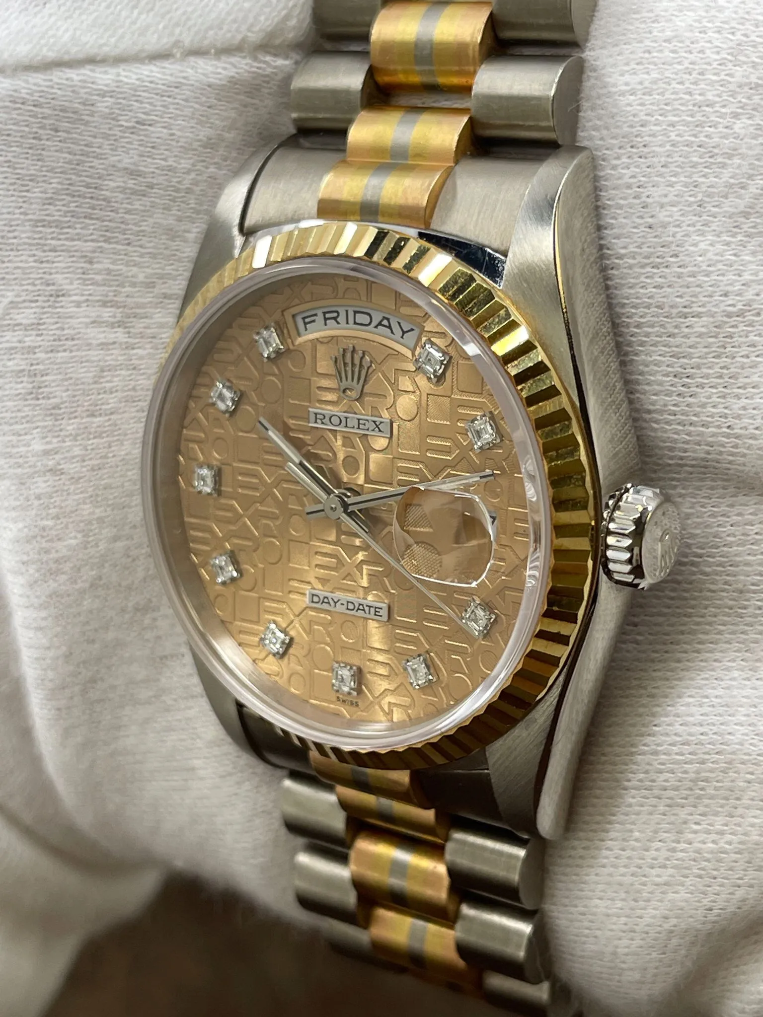 Rolex Tridor President Day Date 36mm 18239B Champ Diamond Dial Automatic Watch