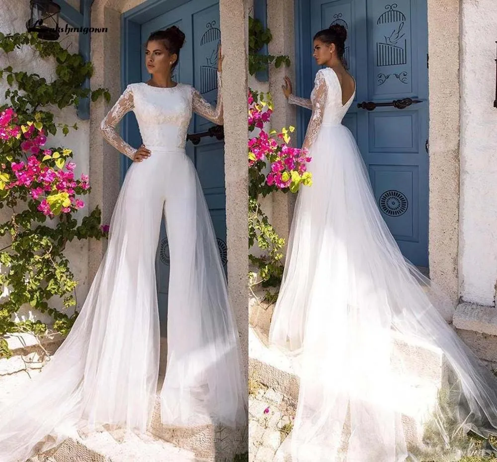 Roycebridal Boho Beach Modest Long Sleeve Jumpsuits Wedding Dress With Detachable Train Lace Bohemian Wedding Dress Bridal Gowns