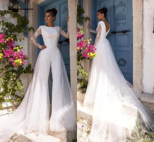 Roycebridal Boho Beach Modest Long Sleeve Jumpsuits Wedding Dress With Detachable Train Lace Bohemian Wedding Dress Bridal Gowns