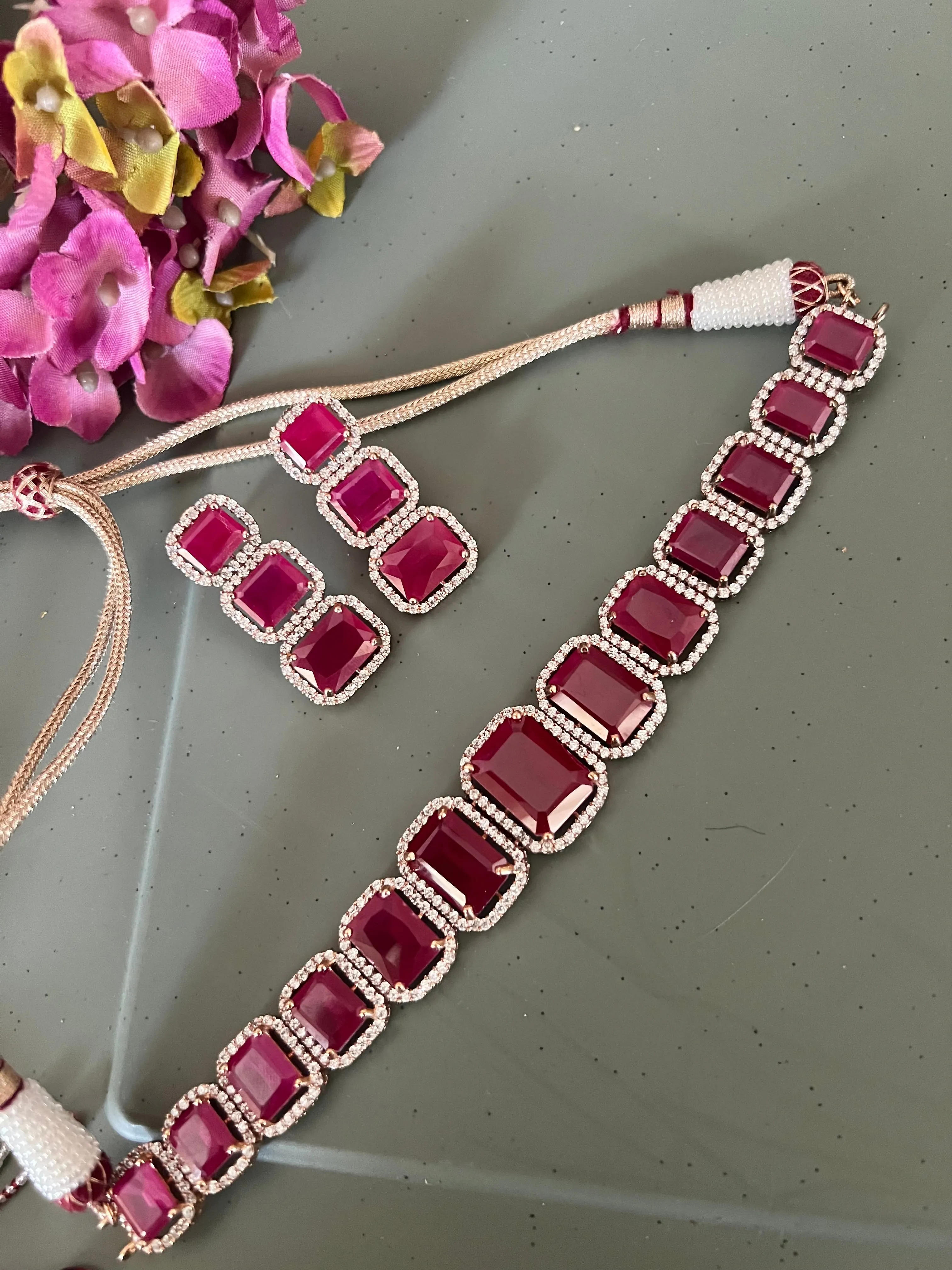Ruby CZ Choker with Earrings