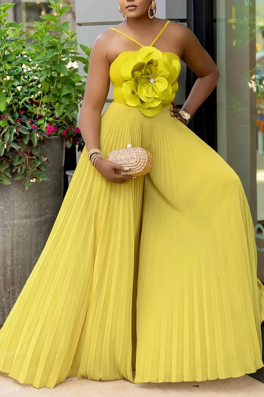 Rushed Wide Leg Jumpsuit Vacation Yellow Halter Collar 3D Pleated Chiffon Pleated Spaghetti Straps Elegant Jumpsuit