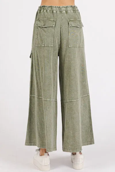 Sage Green French Terry Cargo Wide Leg Pants