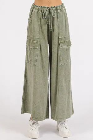 Sage Green French Terry Cargo Wide Leg Pants