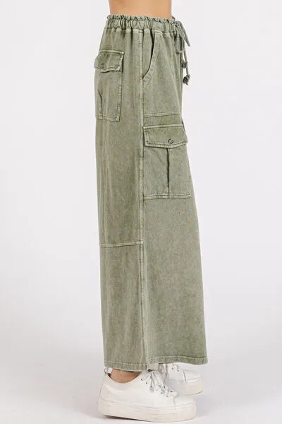 Sage Green French Terry Cargo Wide Leg Pants