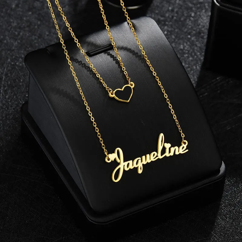 Set of 2 Customized Name Necklaces With Heart Necklace