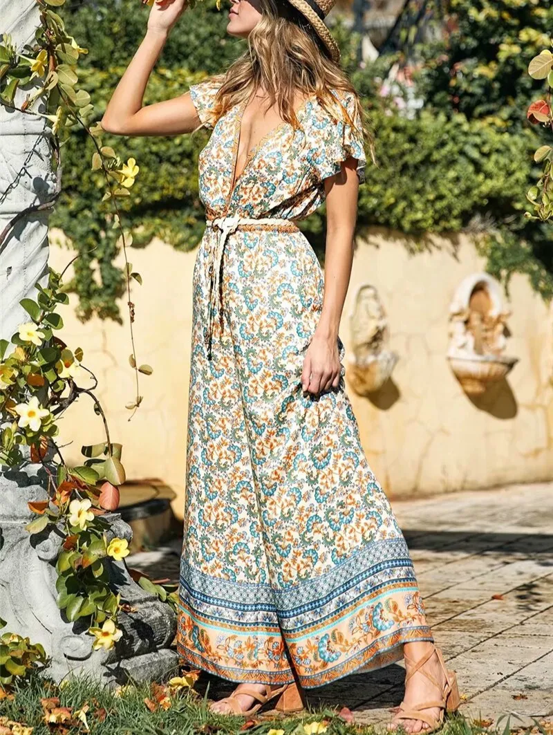 SEVILLE -  Boho Floral Print Jumpsuit