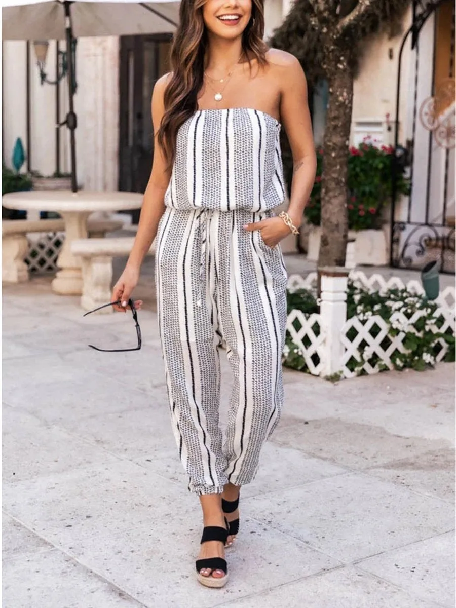 Sexy Striped Bandeau Drawstring Pocket Jumpsuit