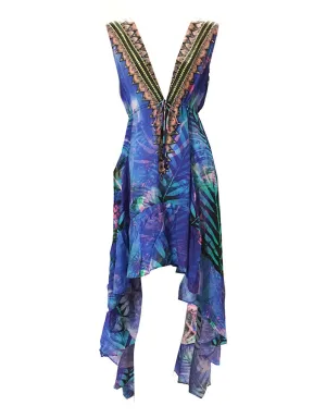 Shahida Parides Queen Palm V-Neck Embellished High-Low Dress in Blue