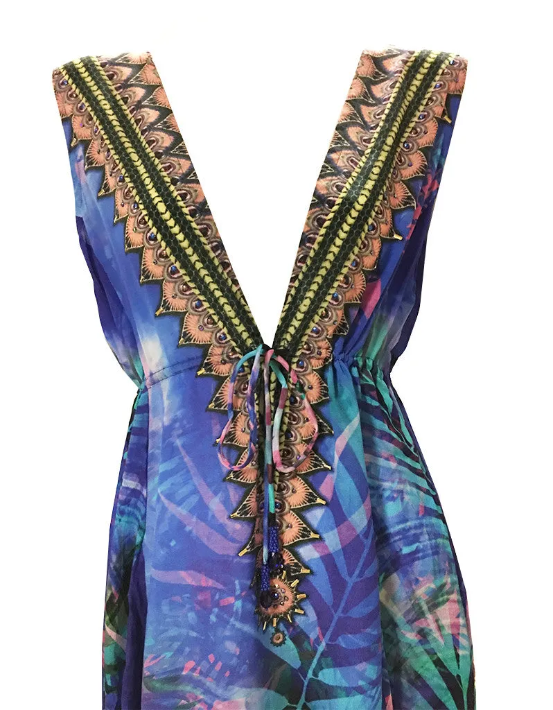 Shahida Parides Queen Palm V-Neck Embellished High-Low Dress in Blue