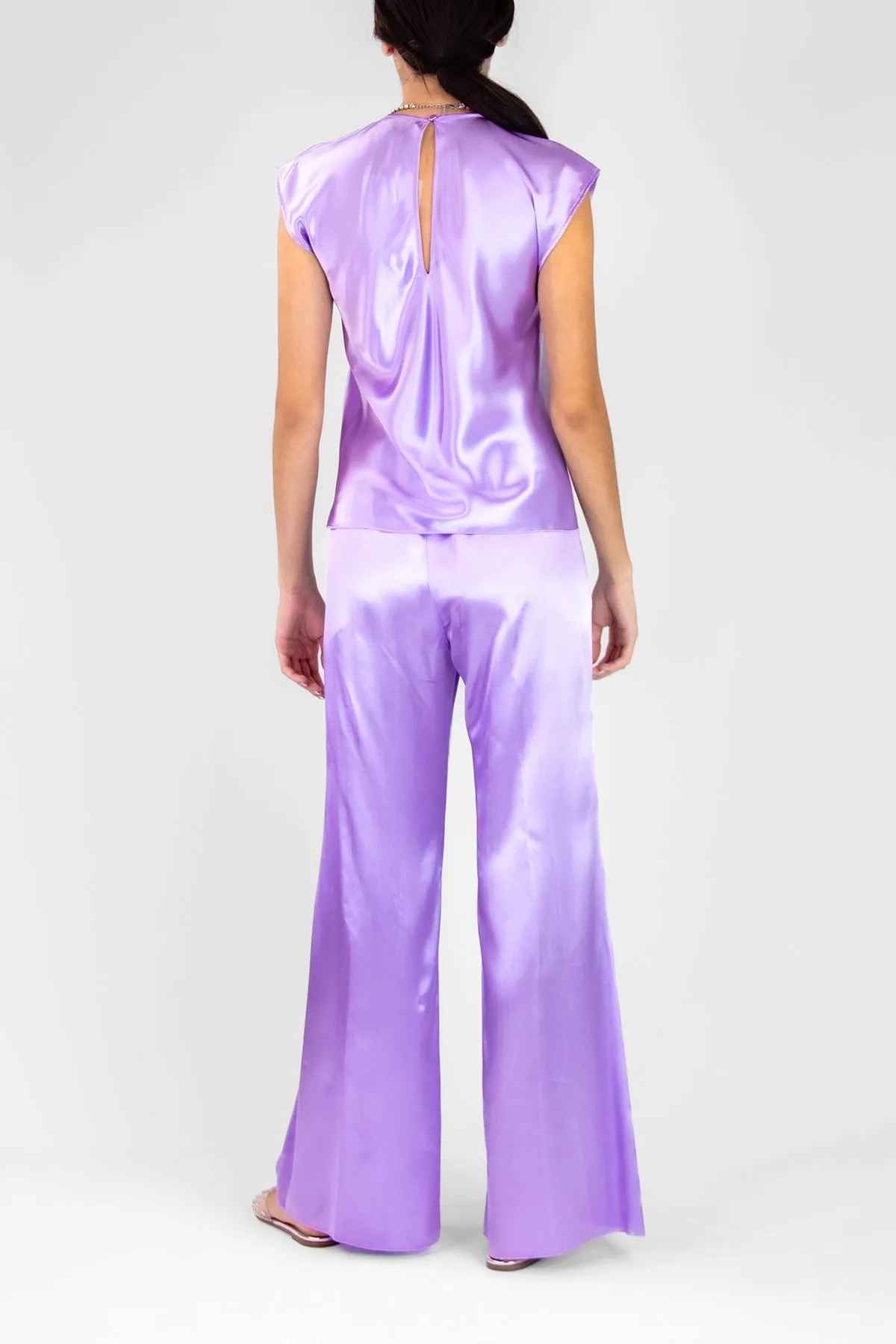 Shining Satin Elasticated Flare Pants in Iris