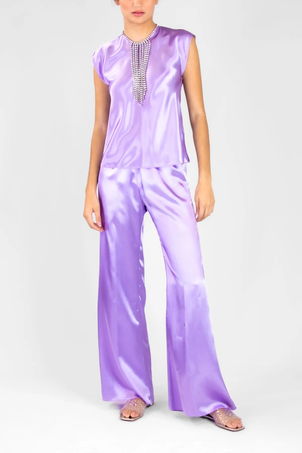 Shining Satin Elasticated Flare Pants in Iris
