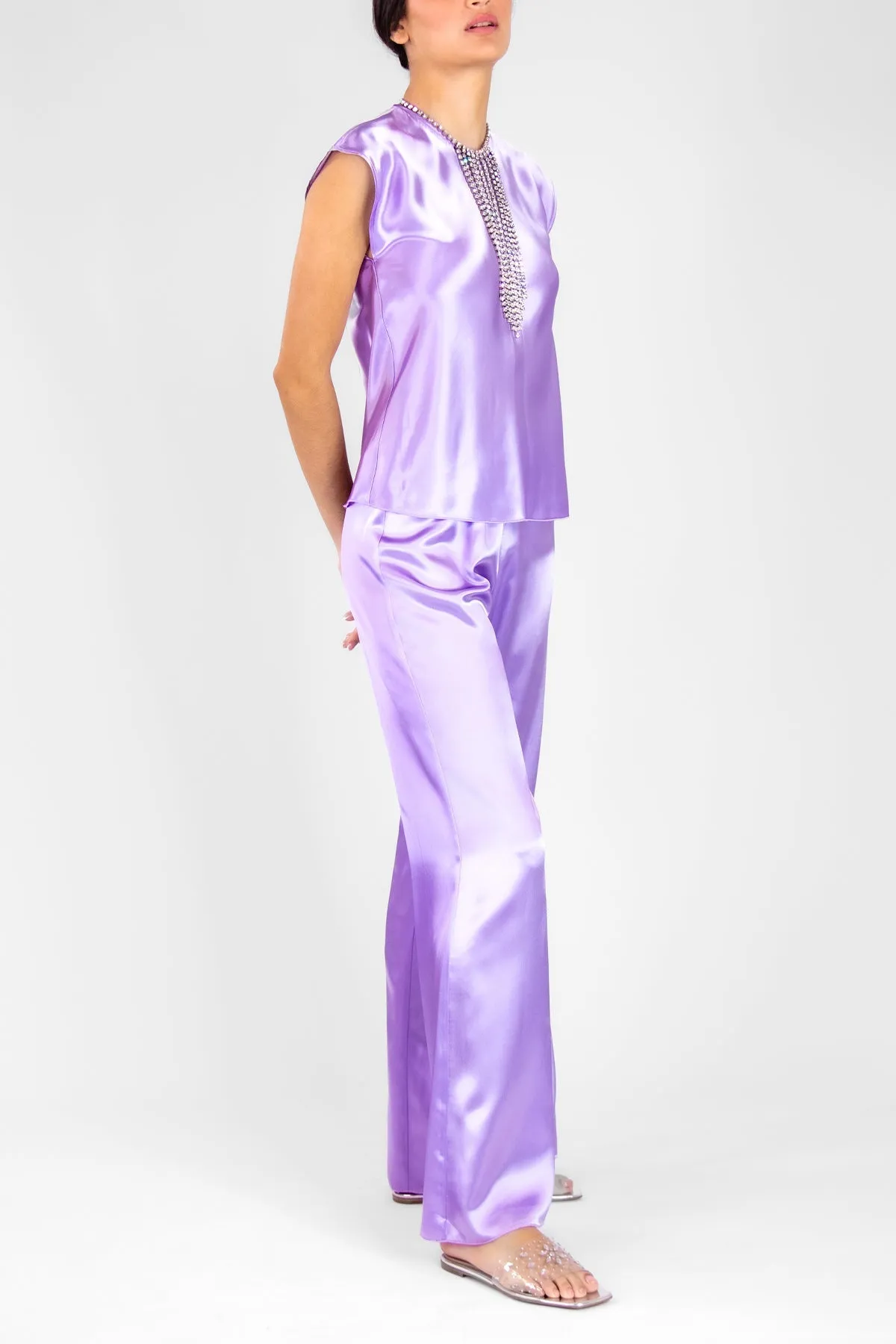Shining Satin Elasticated Flare Pants in Iris