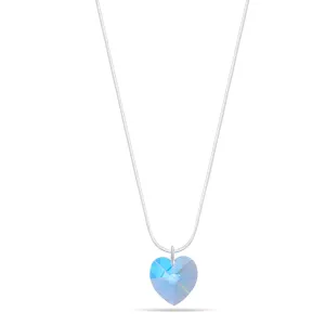 SILVER AQUA BLUE CRYSTAL 0.7" INCHES HEART DROP NECKLACES #HNN88784SLAQ (TA 21)