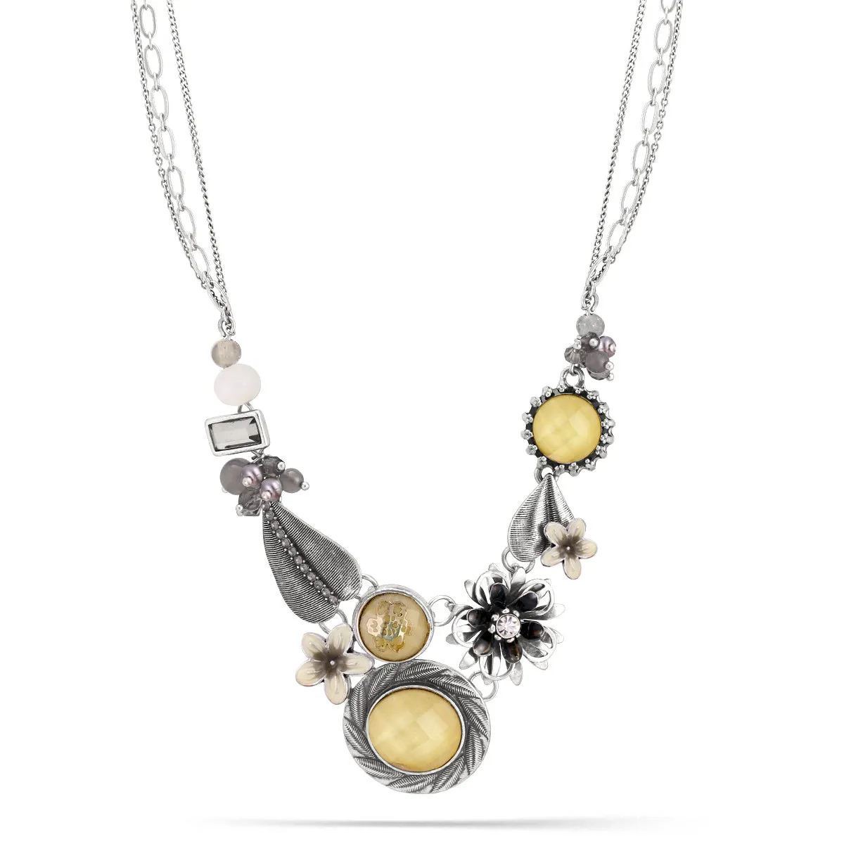 SILVER FLOWER AND LEAF CRYSTAL  NECKLACES #194WH1101 (2A4)