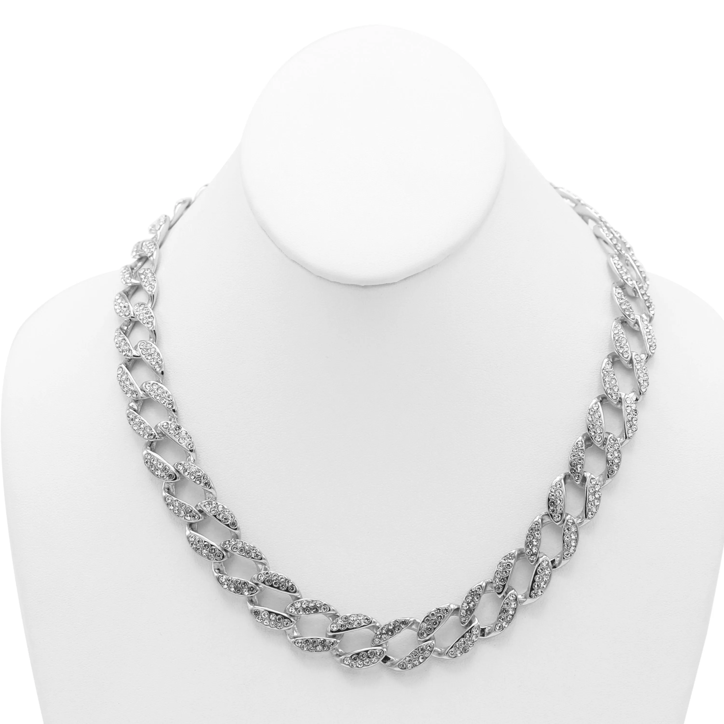 SILVER PAVE CRYSTAL FLAT CURB CHAIN  STATEMENT NECKLACE#HNN90453-1SL (XB13)