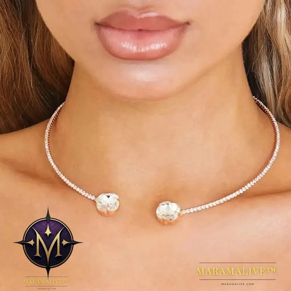 Simple Big Crystal Rhinestone Choker Necklace for Women Bling 1 Row Round Open Cuff Necklace Collar Statement Jewelry