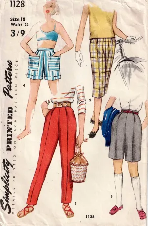 Simplicity 1128 Girls Shorts Pedal Pushers & Capri Pants 1950s Vintage Sewing Pattern Size 10 Waist 24 inches