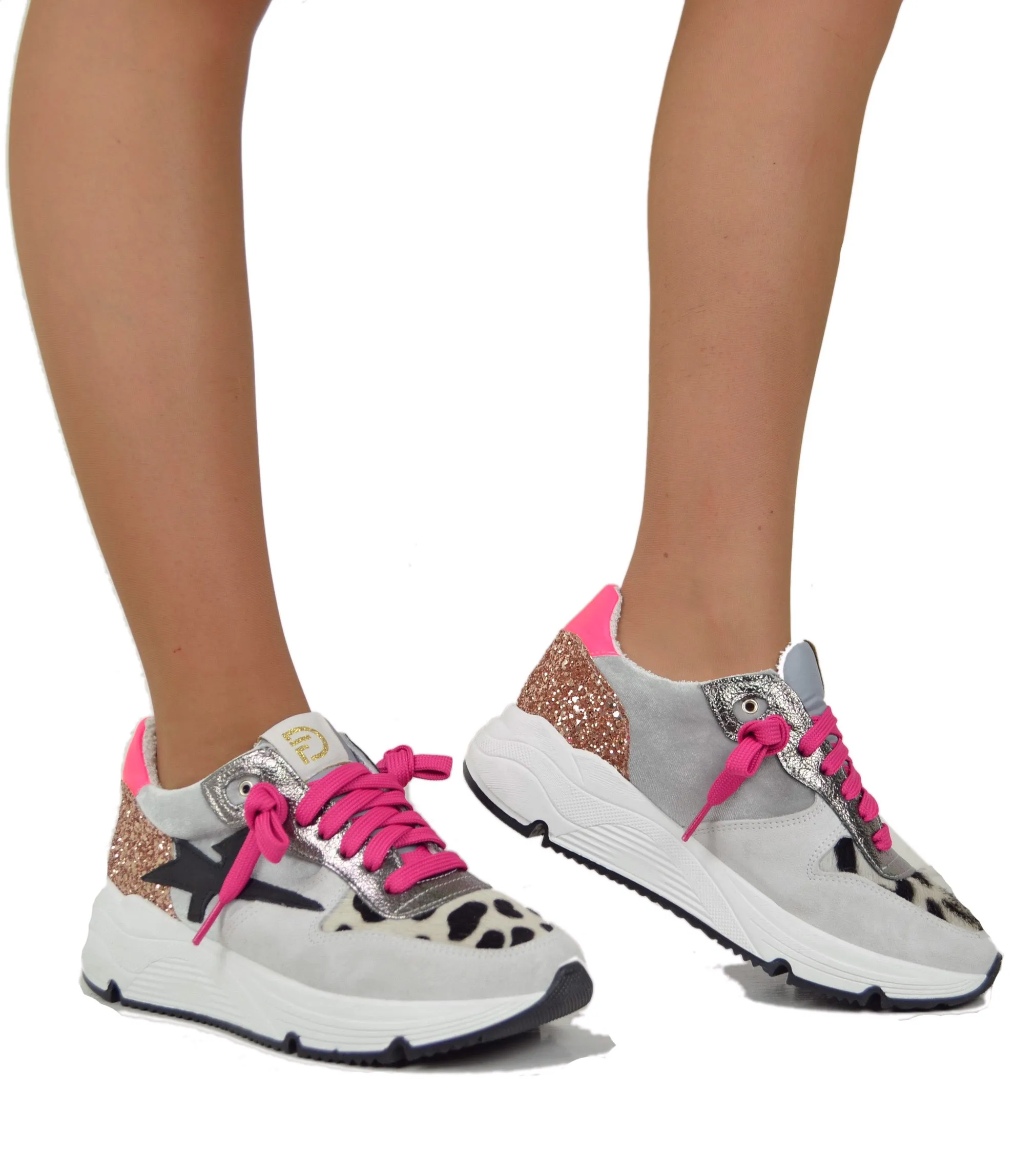 Sneakers DIVINE FOLLIE Maculate Primavera Estate Fuxia Ghiaccio in Pelle