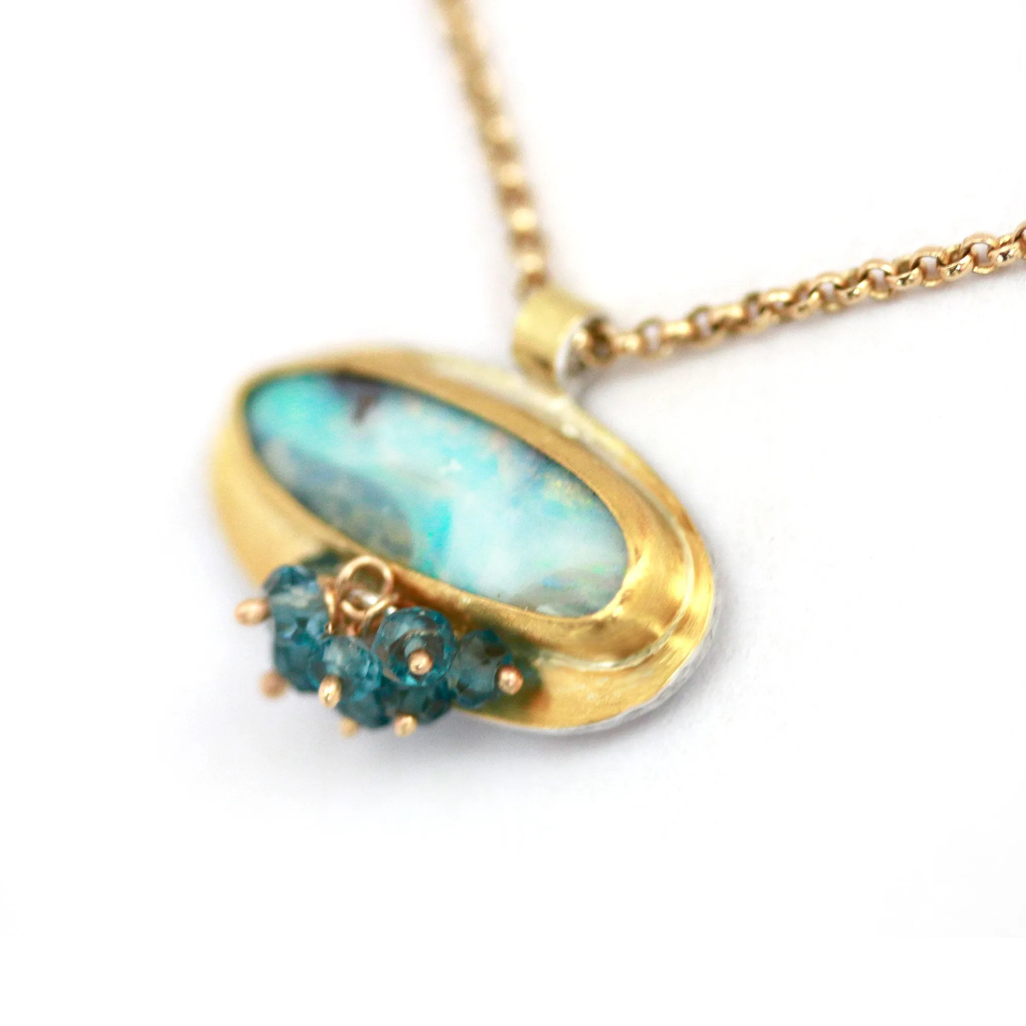 Sold! Creams and Teal Blue Swirl Boulder Opal with London Blue Topaz Cluster Necklace